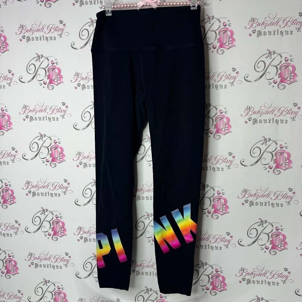 PINK Victoria's Secret Black and Pink Leggings with Stretchy Fit rainbow logo